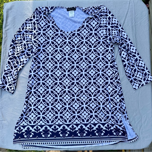 Slinky Brand Navy and White Floral Geometric Tunic - Picture 1 of 5